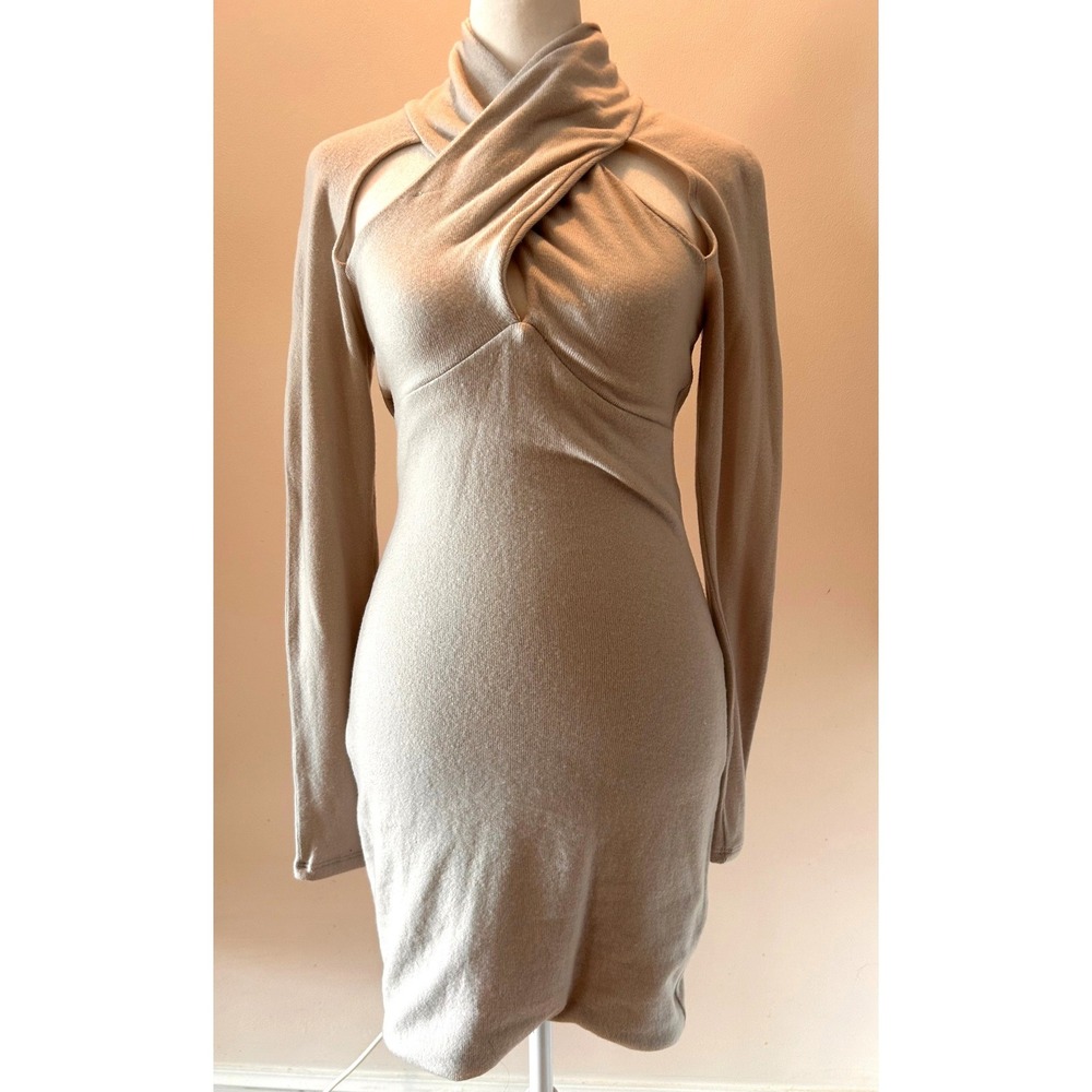 NWT NBD Criss Cross Cutout Mock Neck Long Sleeve Mini Dress Beige Women Small